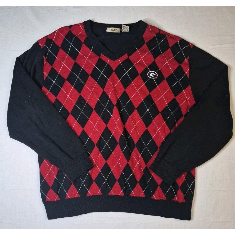 Georgia Bulldogs Sweater Mens Size XL Red Black Argyle Grandpa Vesi Sportswear